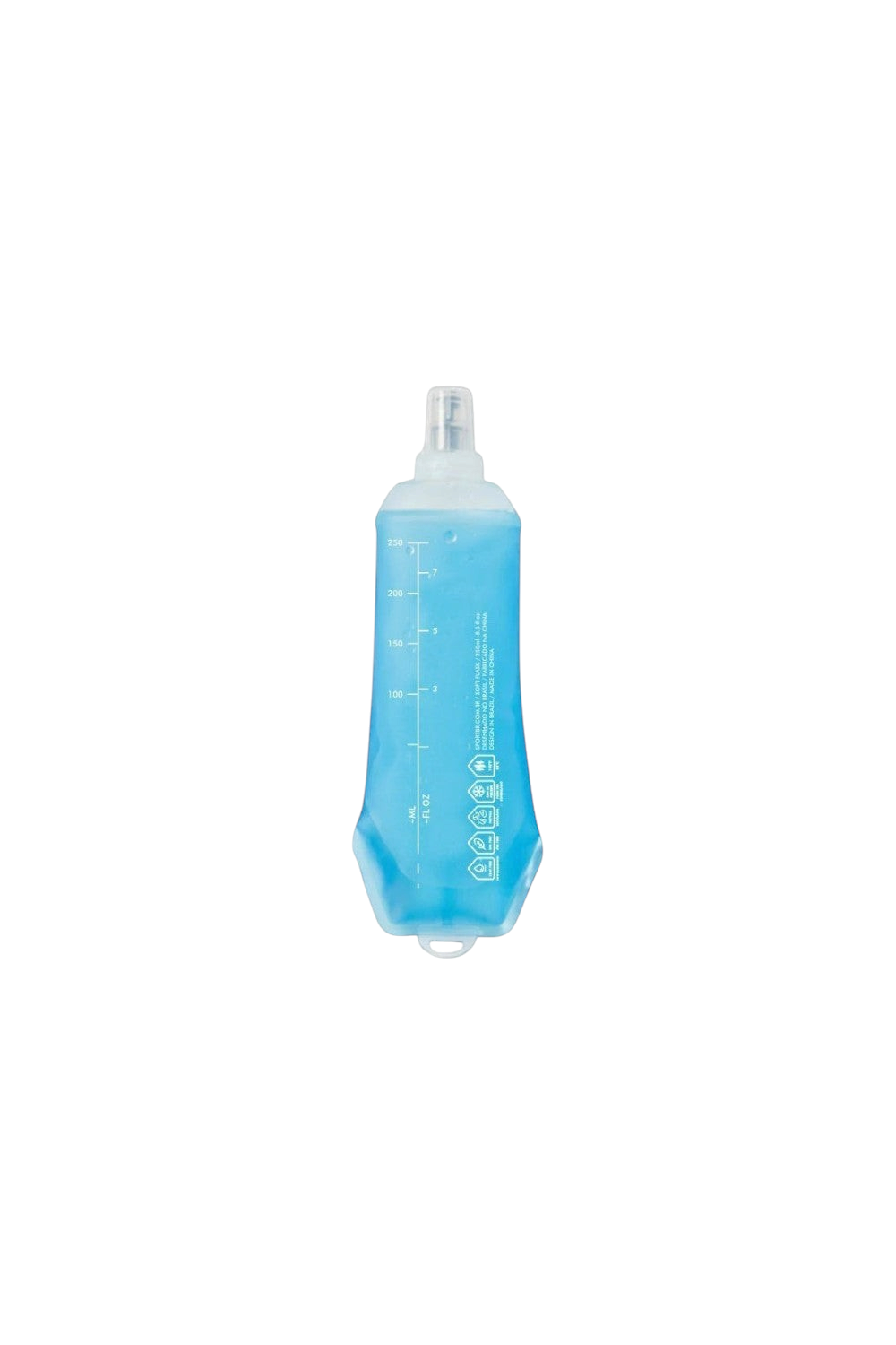 Garrafa dobrável Soft Flask SPORTBR de 250ml em TPU azul translúcido com graduação e válvula de mordida para corrida