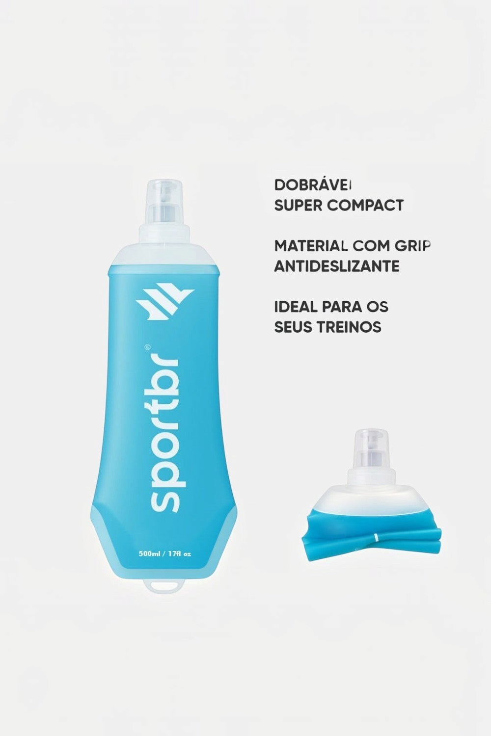 Garrafa dobrável SPORTBR de 500ml em TPU azul, com textura antiderrapante e válvula de mordida para corrida.