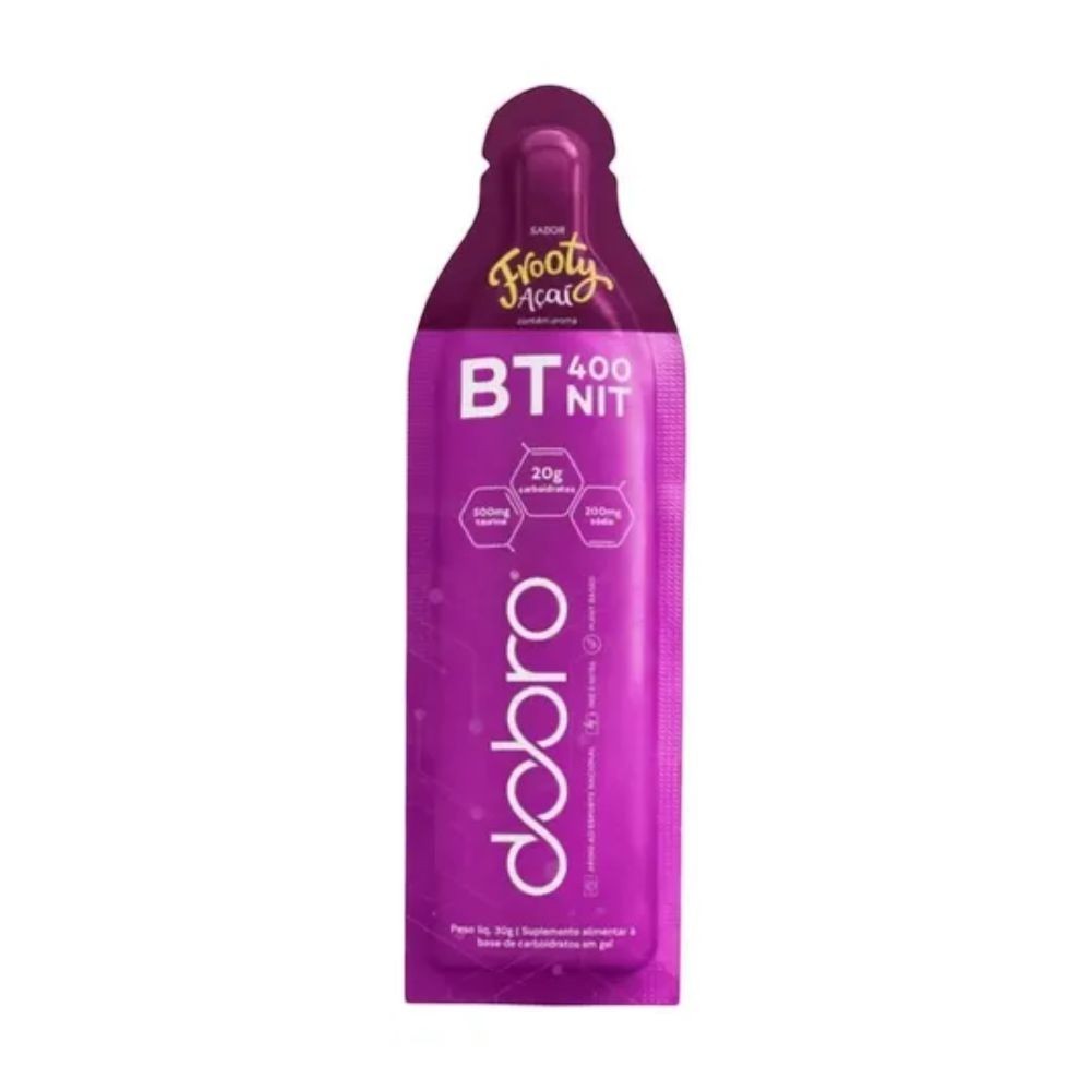 Sachê roxo de gel de carboidrato Dobro BT 400 Frooty Açaí com 20g de carboidratos e 400mg de nitrato.