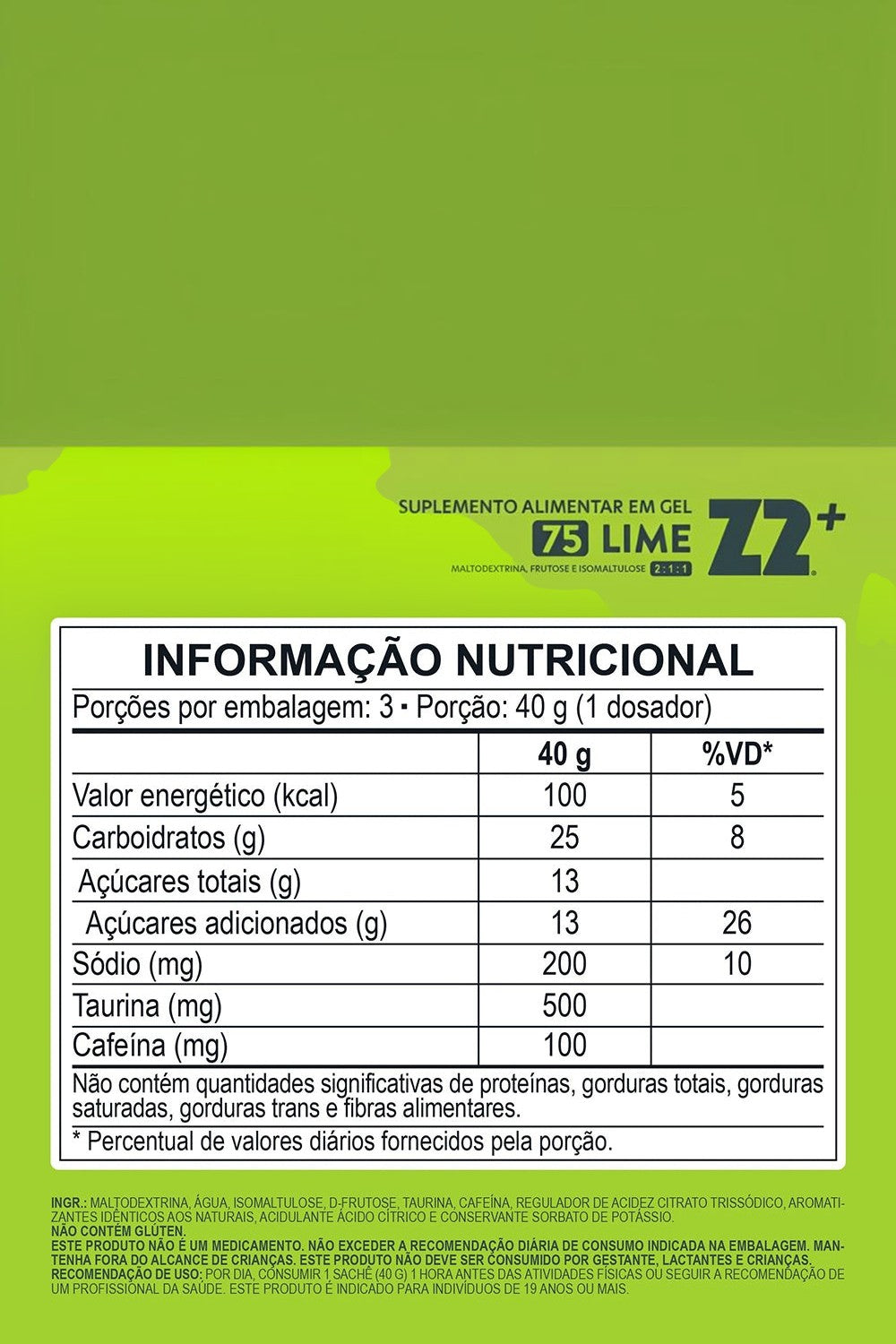 Tabela nutricional do sachê de gel de carboidrato SPORTBR Z2+ sabor limão com 75g de carboidratos