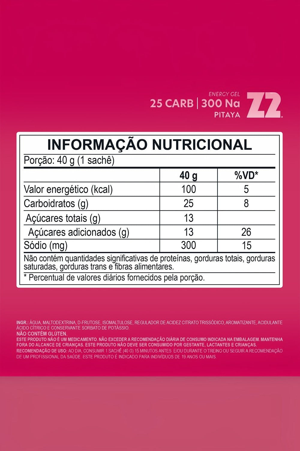 Tabela nutricional do gel de carboidrato SPORTBR Z2 sabor pitaya com 25g de carboidratos e 300mg de sódio