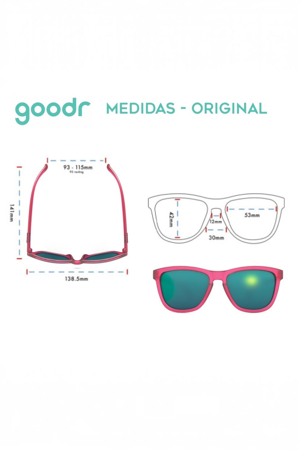 Diagrama de medidas técnicas dos óculos de sol SPORTBR Goodr Silverback Squat Mobility com lentes espelhadas verdes