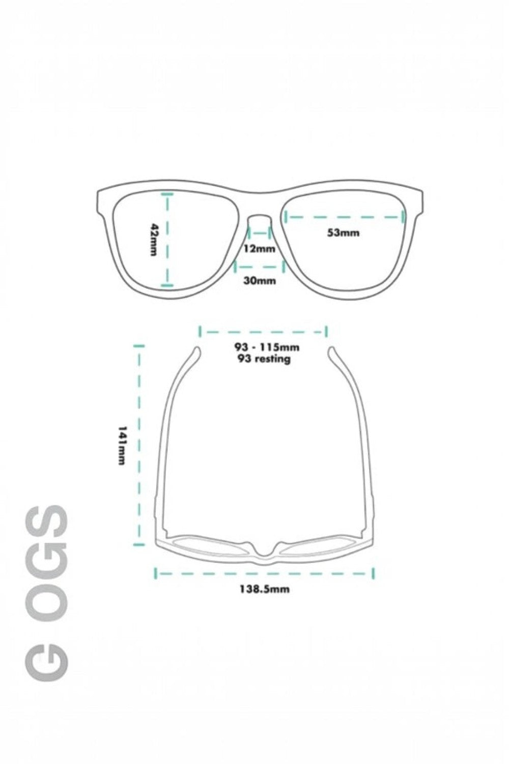 Diagrama técnico com medidas detalhadas do óculos de sol SPORTBR Goodr modelo OG para corrida.