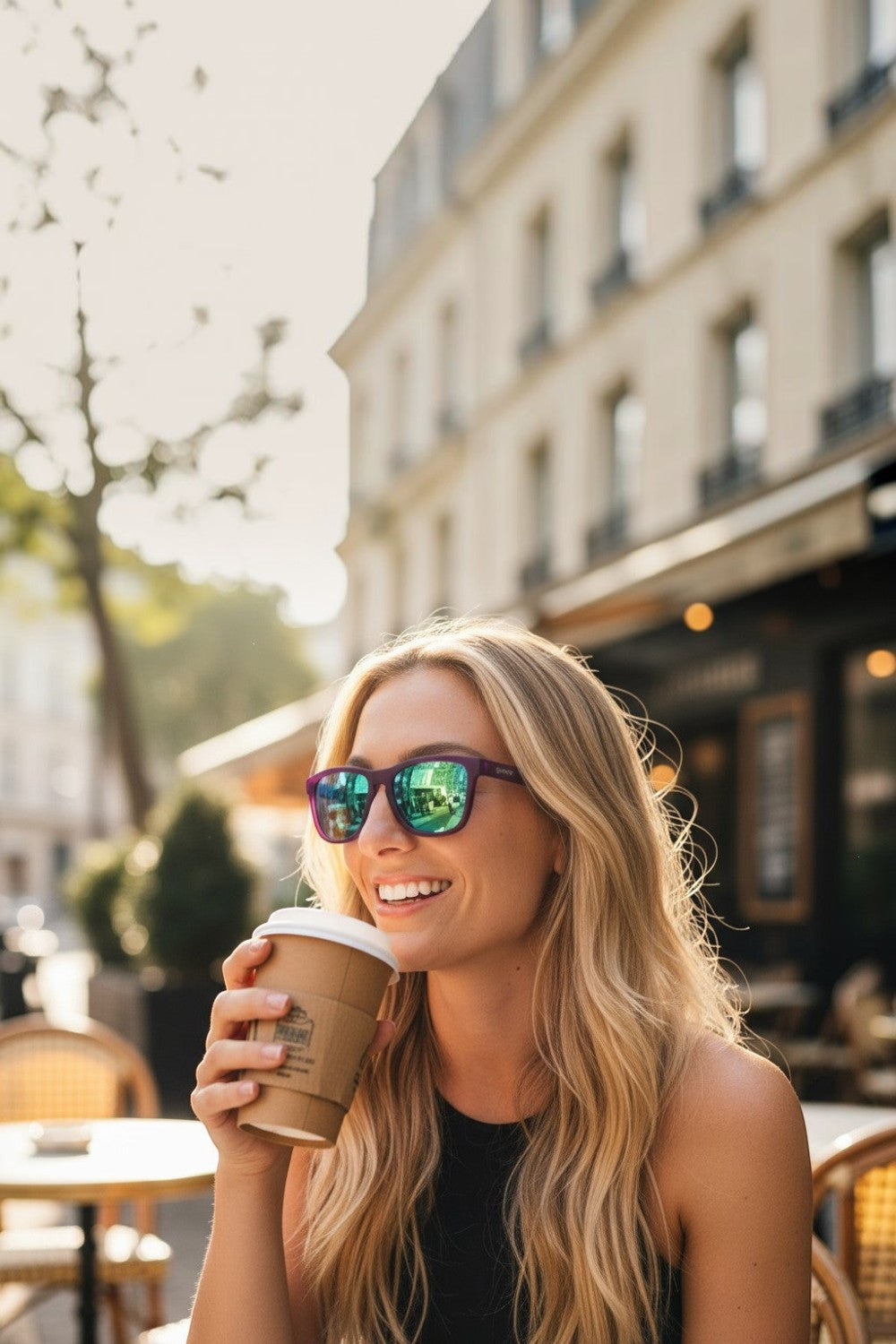 Mulher loira usando óculos de sol SPORTBR Goodr roxo com lentes espelhadas verdes em uma mesa de café ao ar livre.