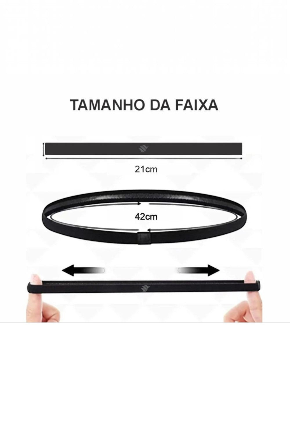 Diagrama de medidas da headband preta ajustável SPORTBR, mostrando comprimento de 21cm a 42cm com silicone interno.
