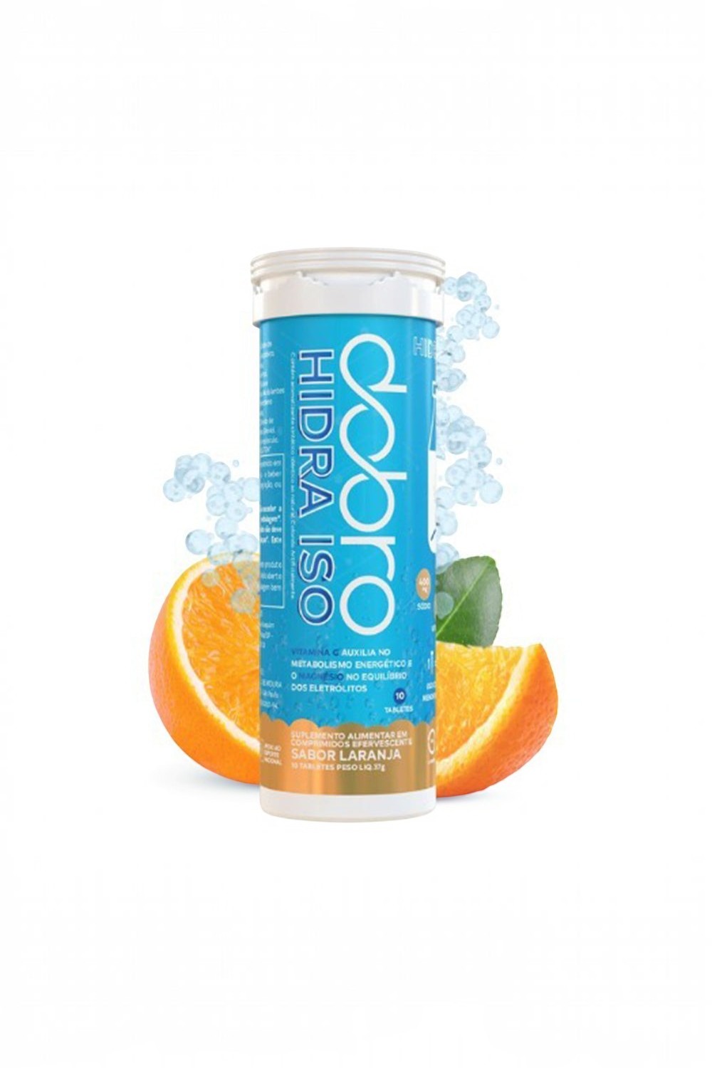 Tubo de repositor eletrolítico efervescente SPORTBR Hidra Iso sabor laranja com 10 tabletes e efeito de bolhas