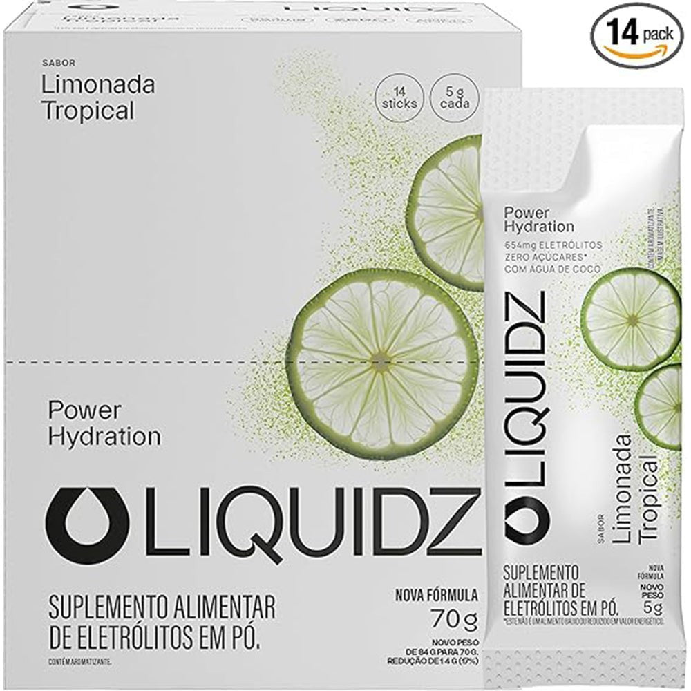 Caixa com 14 sachês de LIQUIDZ Eletrólitos em Pó Sabor Limonada Tropical da SPORTBR, para hidratação e performance.