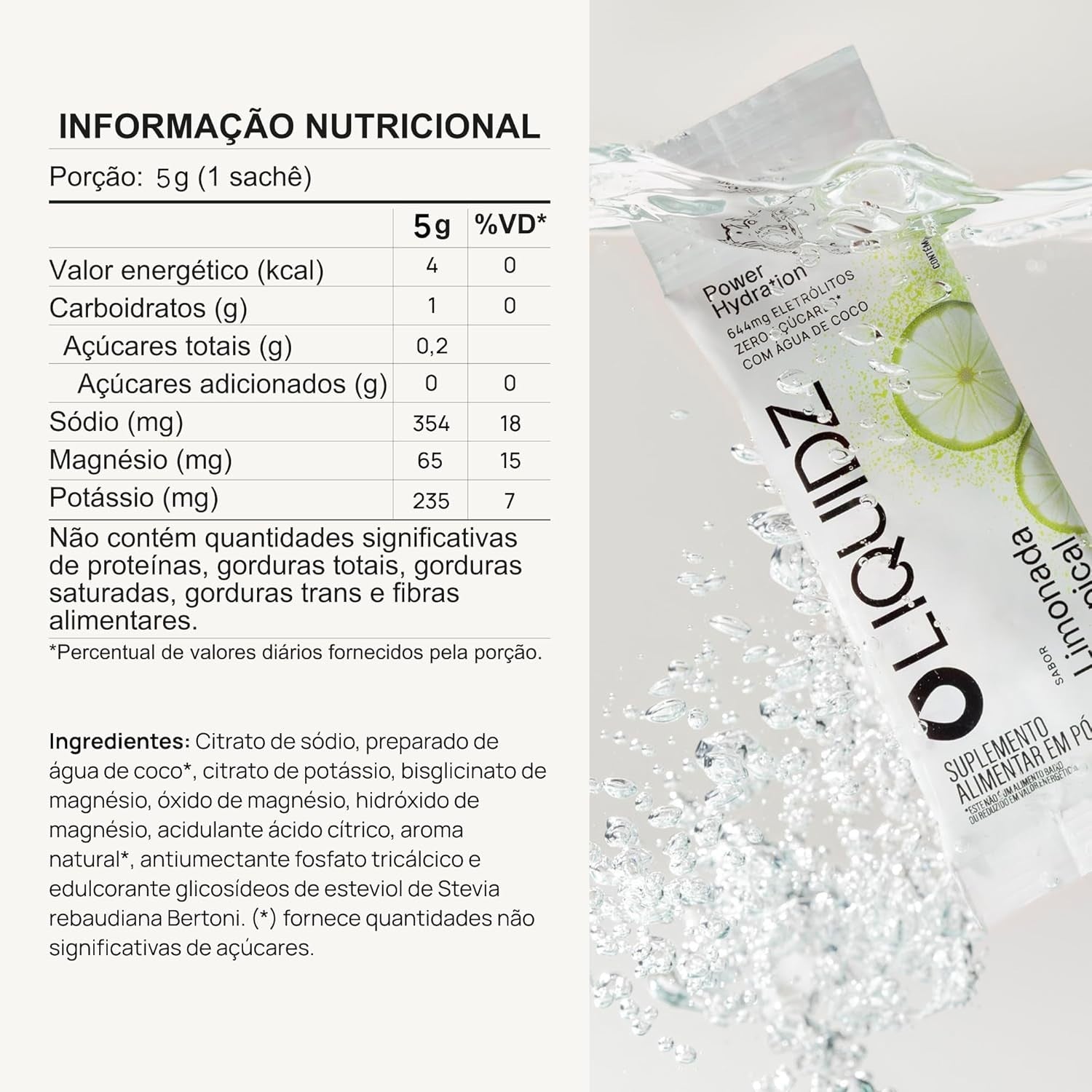 Caixa com 14 sachês de LIQUIDZ Eletrólitos em Pó sabor Limonada Tropical, 5g cada. Suplemento para hidratação e performance.