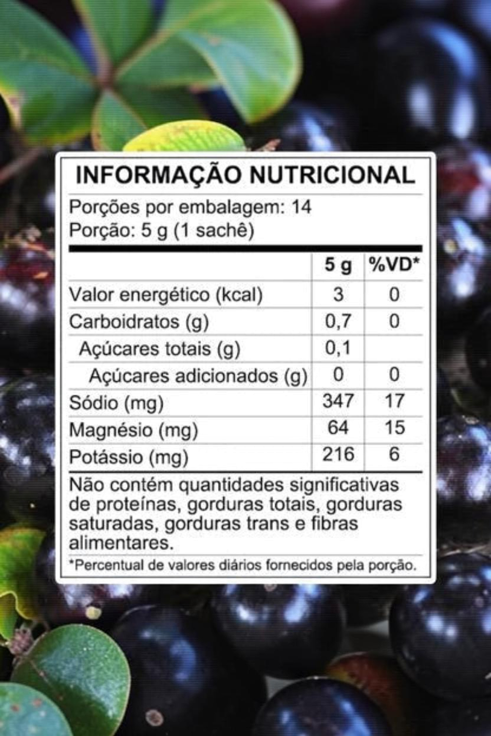 Tabela nutricional do sachê de eletrólitos LIQUIDZ sabor jabuticaba com destaque para sódio, magnésio e potássio.