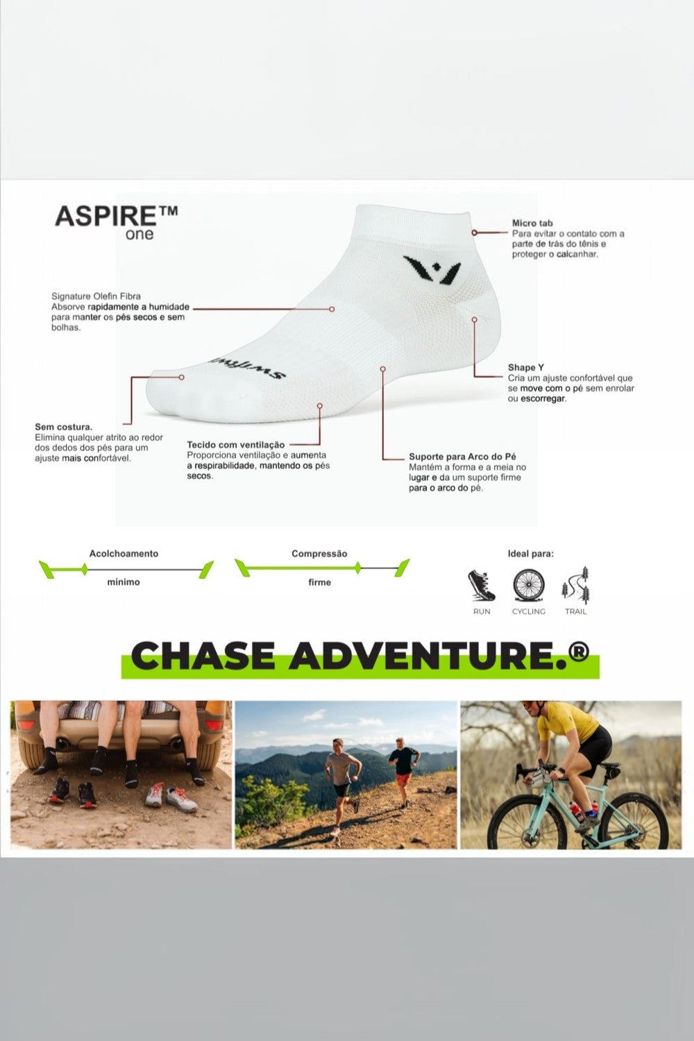 Meia de compressão branca SPORTBR Swiftwick Aspire One de cano baixo com tecnologia de ventilação e ajuste anatômico.