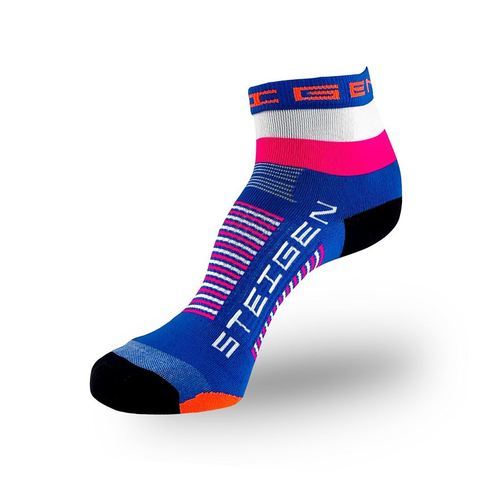 Meia Steigen cano baixo azul com detalhes em rosa, branco e laranja. Ideal para corrida.