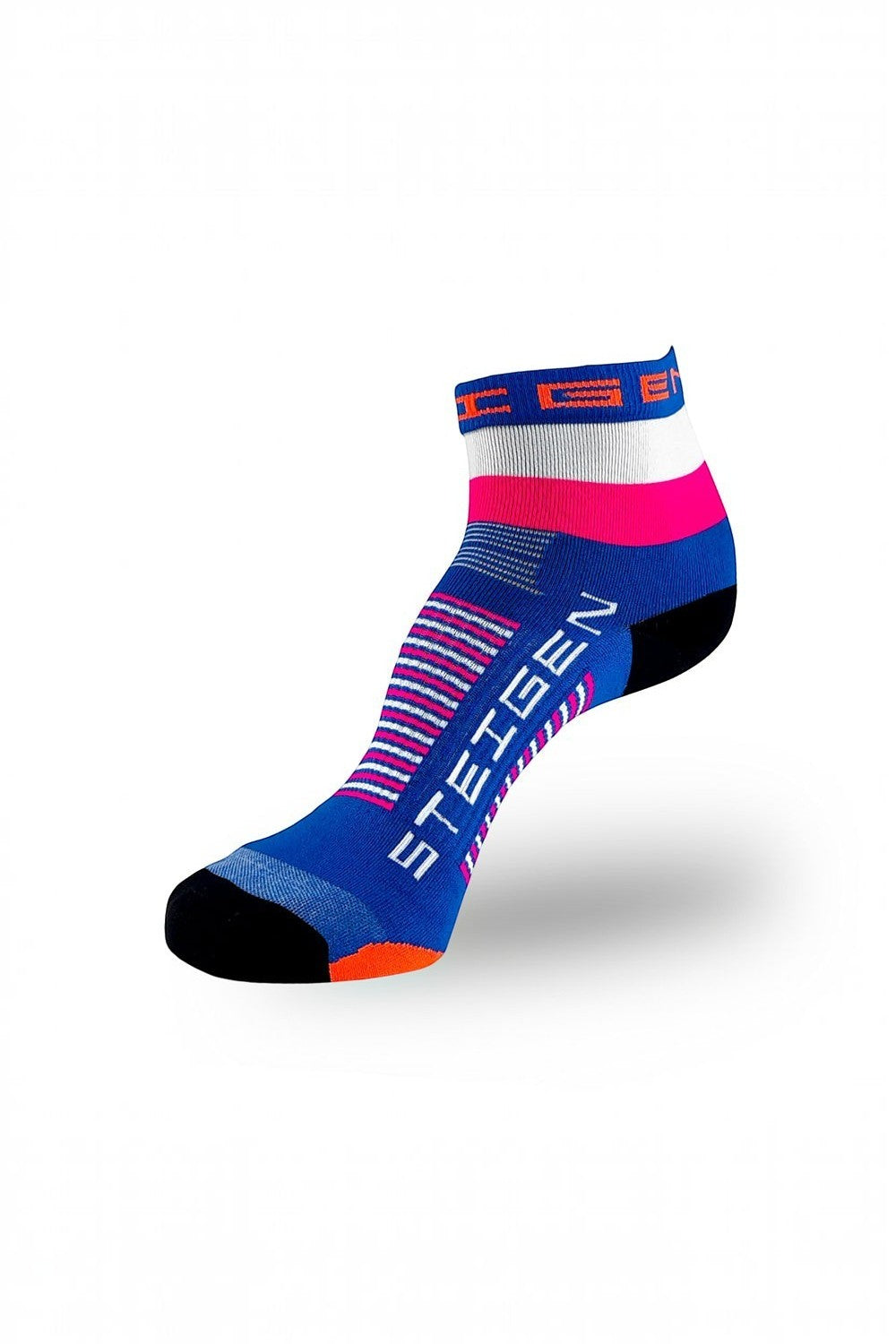 Meia de corrida SPORTBR Steigen cano baixo azul com detalhes em rosa, branco e preto, design técnico sem costura.