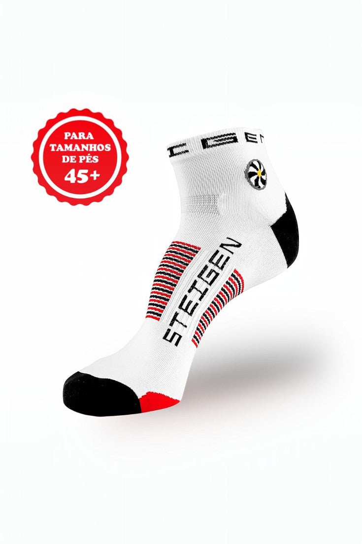 Meia de corrida branca SPORTBR Steigen cano baixo com detalhes em preto e vermelho, ideal para tamanhos 45+