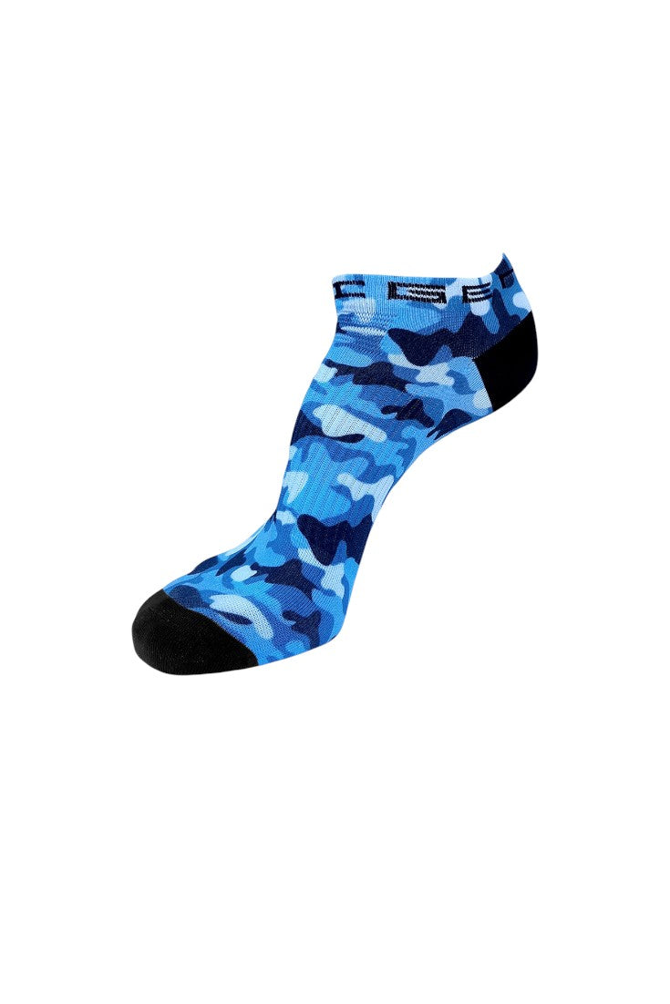 Meia de corrida SPORTBR Steigen sem cano com estampa camuflada azul e detalhes pretos no calcanhar e ponta