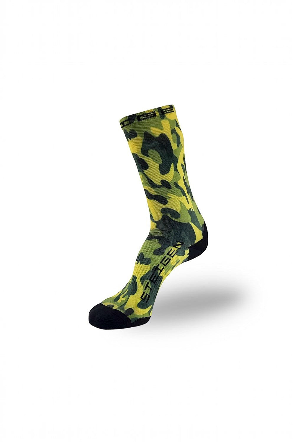 Meia de corrida SPORTBR Steigen cano alto com estampa camuflada verde, tecido técnico leve e sem costuras.