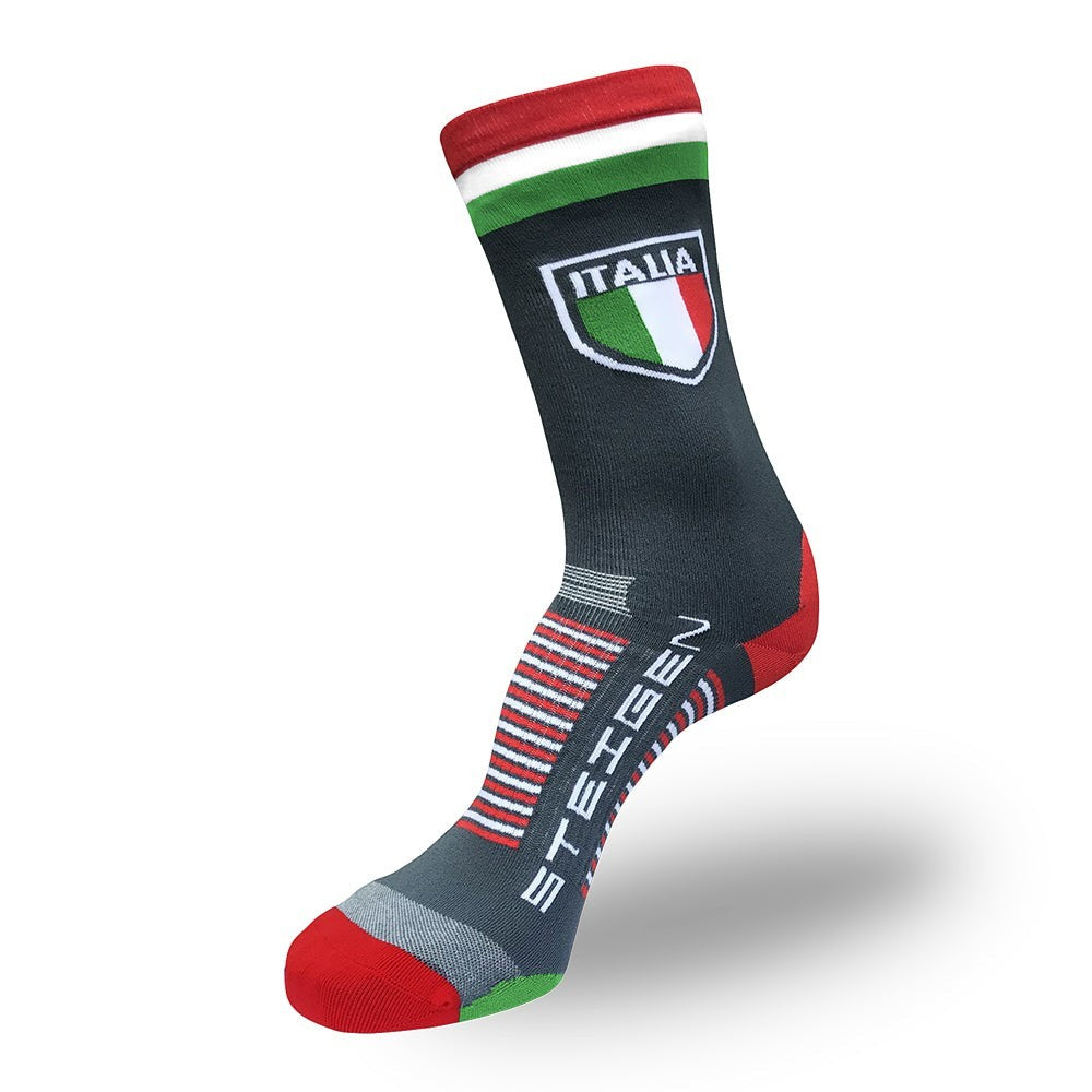 Meia cano alto Steigen Itália em cinza com detalhes em vermelho, verde e branco. Tecnologia anti-bolhas.
