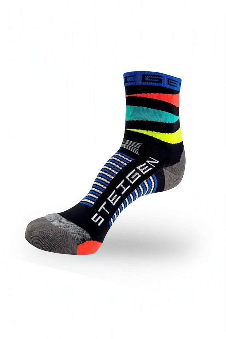 Meia esportiva SPORTBR Steigen cano médio modelo Retro preta com listras coloridas e suporte no arco plantar