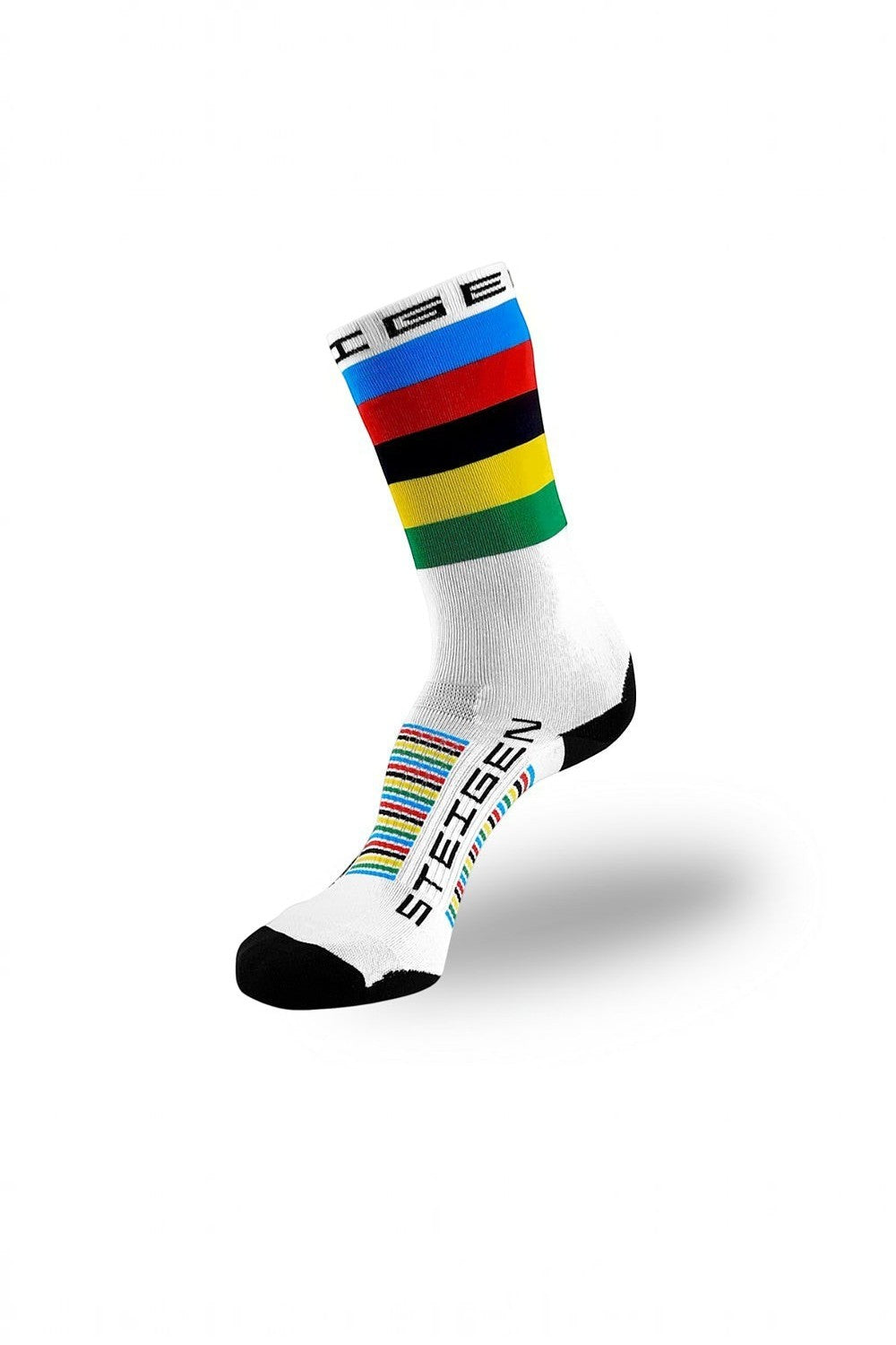 Meia de corrida SPORTBR Steigen cano alto branca com listras coloridas estilo World Champs e tecnologia anti-bolhas