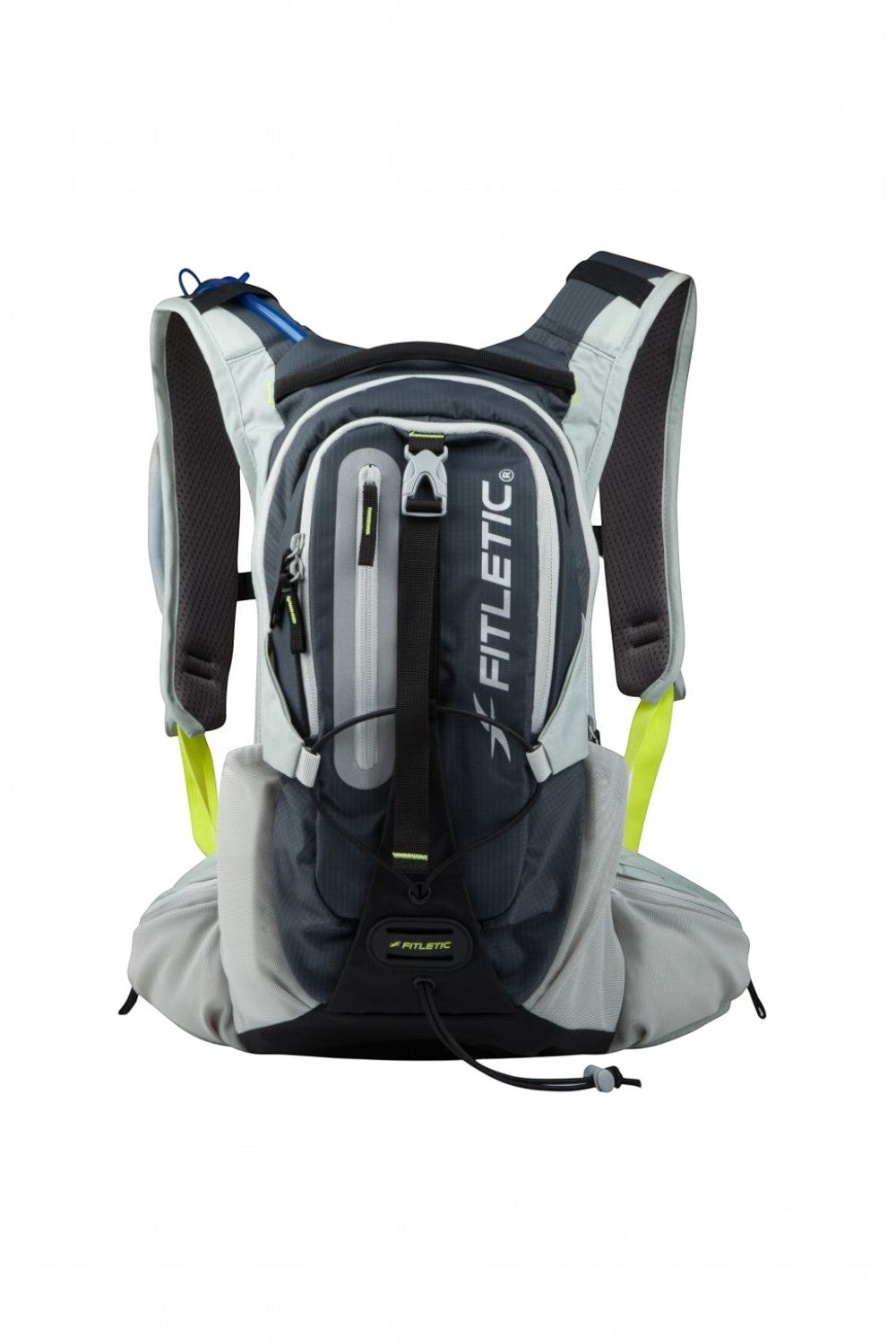 Mochila de hidratação SPORTBR Fitletic Journey cinza com reservatório de 2L, design ergonômico e detalhes em amarelo neon.
