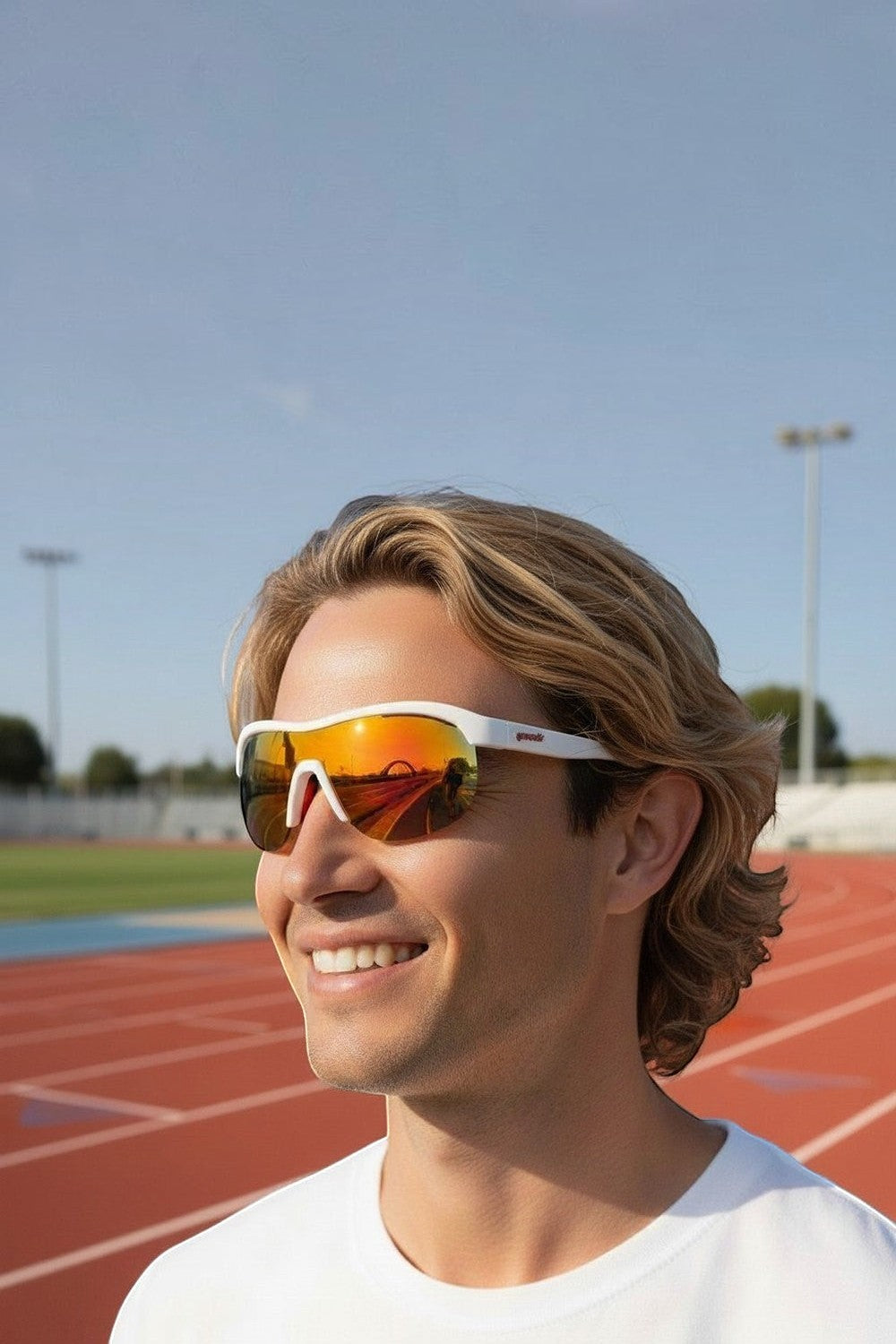 Homem loiro usando óculos de sol esportivos SPORTBR Goodr brancos com lentes vermelhas espelhadas em uma pista de corrida.