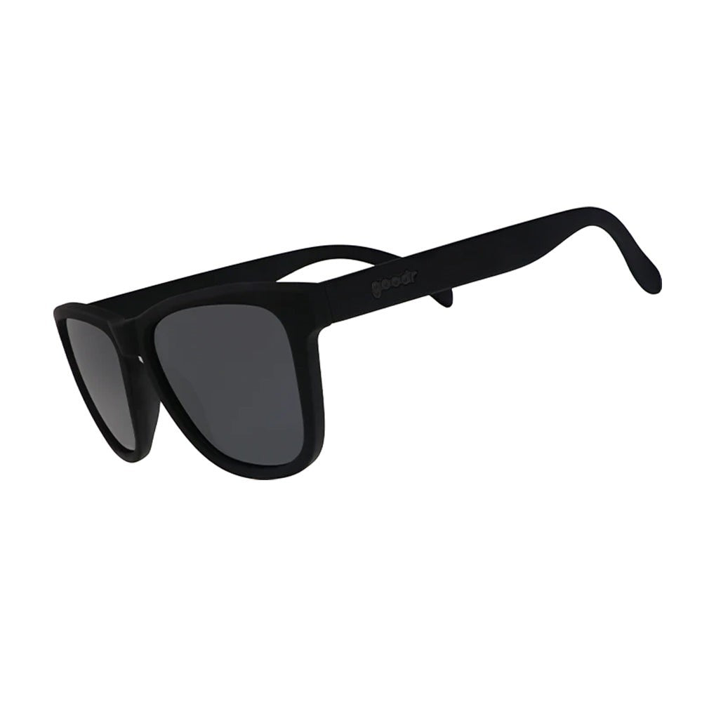 Óculos de sol Goodr pretos, modelo A Unicorn's Calamity, com lentes polarizadas e proteção UVA UVB.