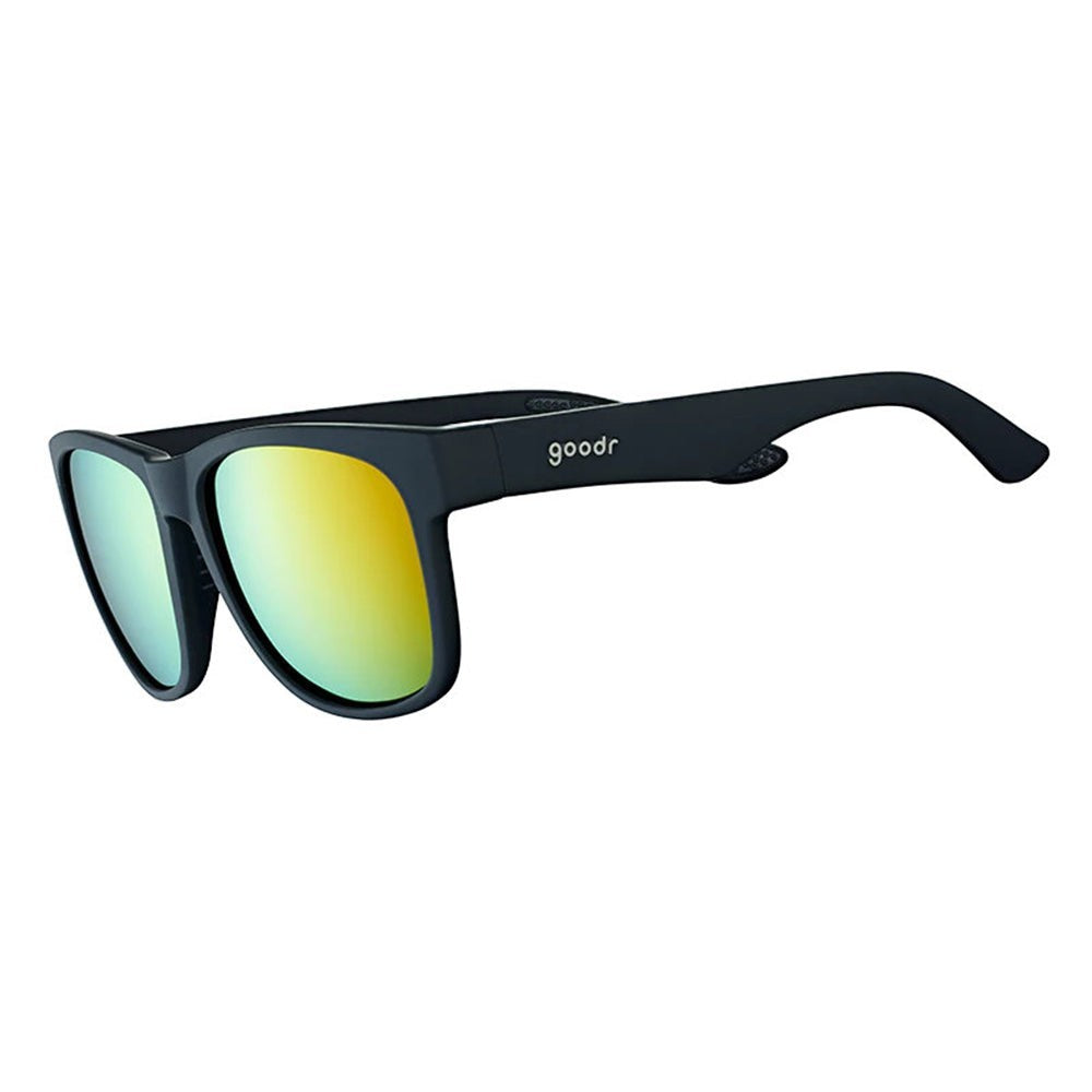 Óculos de sol Goodr Beelzebub's Bourbon Burpees pretos com lentes espelhadas amarelas e proteção UVA UVB.