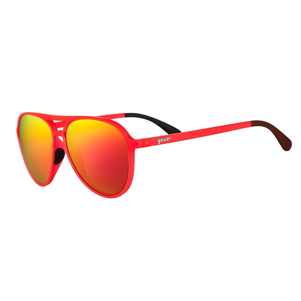 Óculos de sol Goodr Captain Blunt's Red-Eye vermelhos com lentes espelhadas polarizadas rosa e proteção UVA UVB.