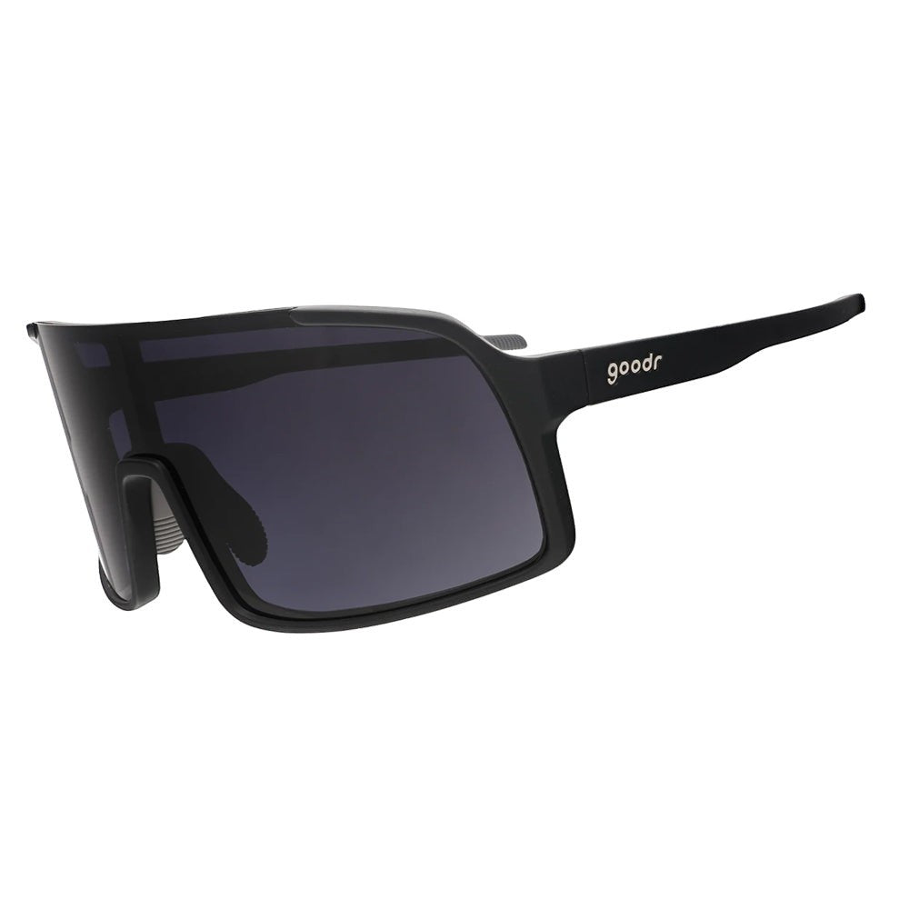 Óculos de sol Goodr pretos para corrida, com lentes polarizadas e proteção UVA UVB. Modelo grande e esportivo.