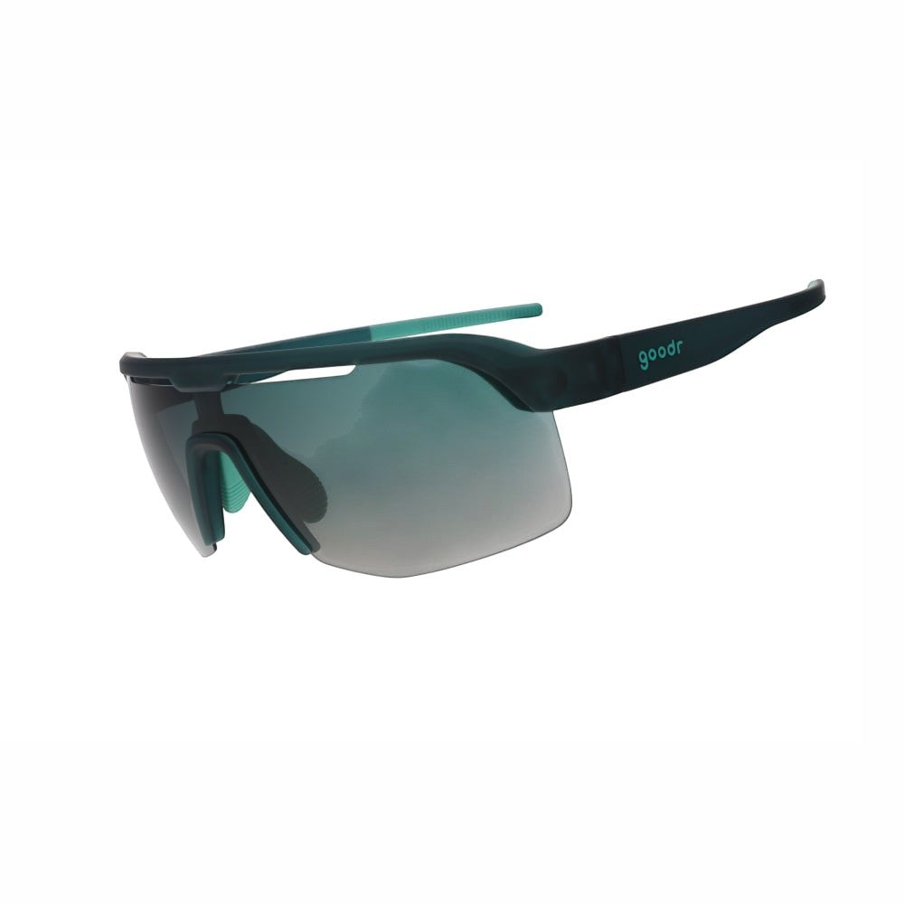 Óculos de sol Goodr Electric Zen Machine verde azulado escuro, lentes polarizadas com proteção UVA UVB, ideais para corrida.