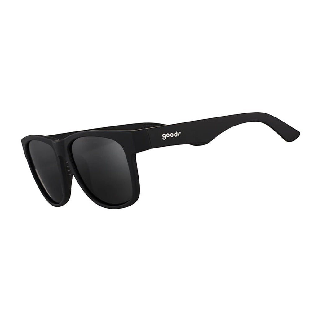 Óculos de sol Goodr Hooked On Onyx pretos, armação grande de propionato, lentes polarizadas com proteção UVA UVB.
