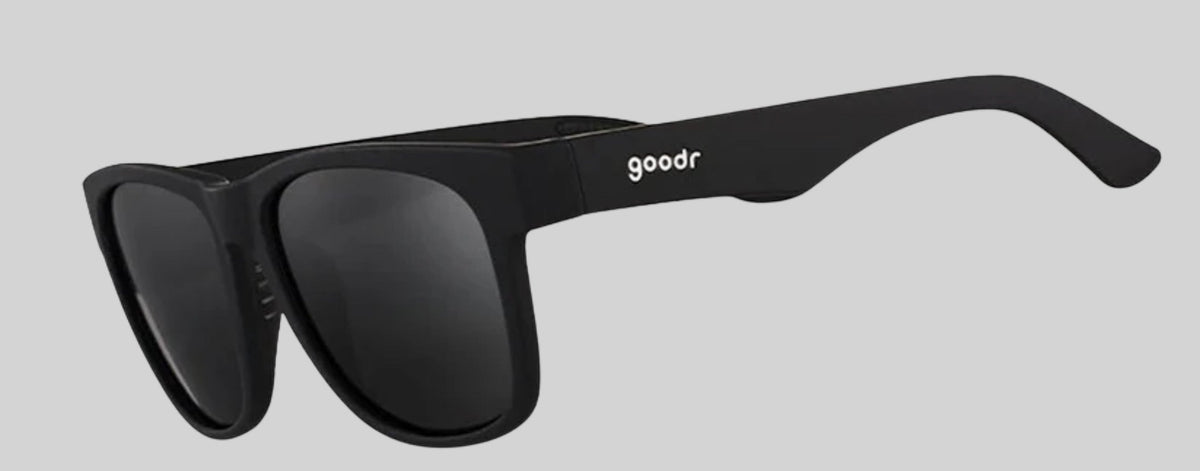 Óculos de sol Goodr Hooked On Onyx pretos, armação grande de propionato, lentes polarizadas com proteção UVA UVB.