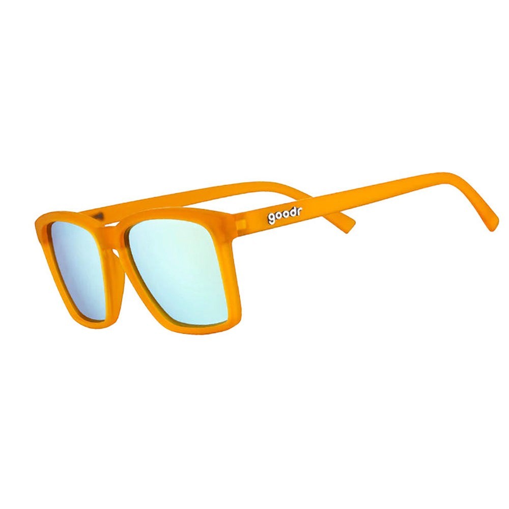 Óculos de sol Goodr Never The Big Spoon laranja com lentes azuis espelhadas e proteção UVA UVB.