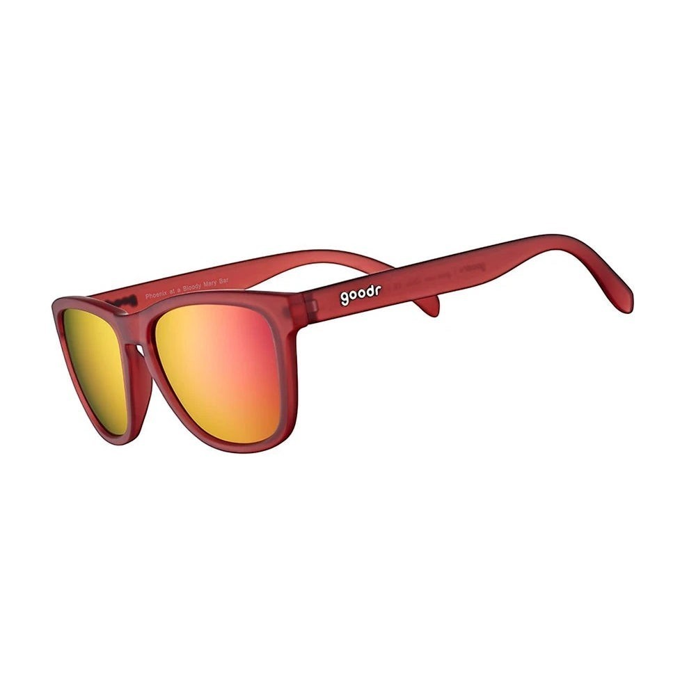 Óculos de sol Goodr Phoenix at a Bloody Mary Bar vermelhos com lentes espelhadas polarizadas rosa e douradas.