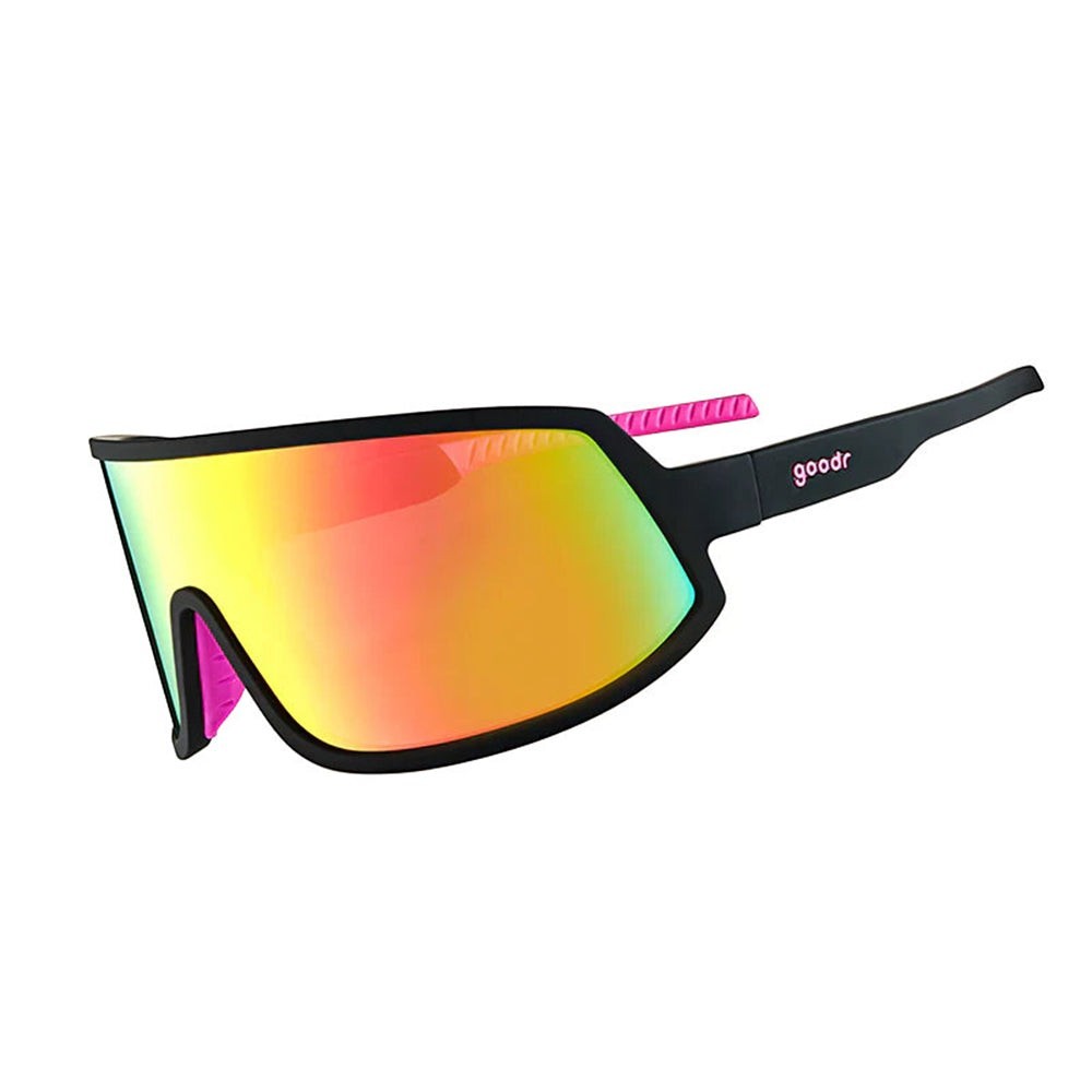 Óculos de sol Goodr pretos com lentes espelhadas rosa e douradas, armação preta e detalhes rosa nas hastes.