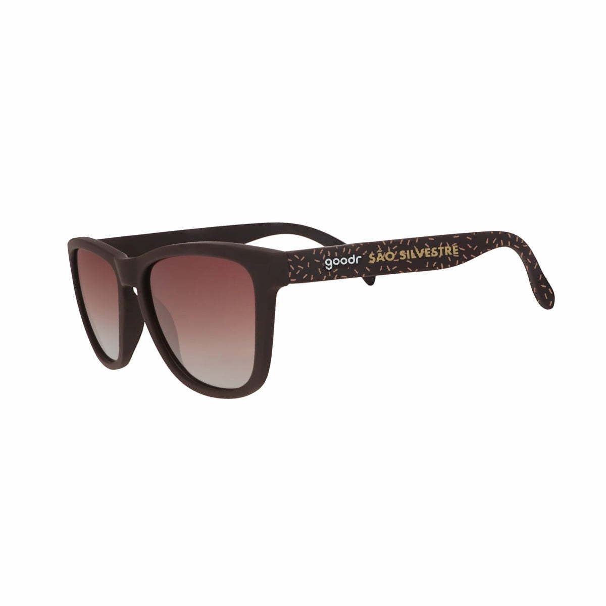 Óculos de sol SPORTBR Feliz Pace Novo São Silvestre marrom com lentes polarizadas e estampa de brigadeiro.