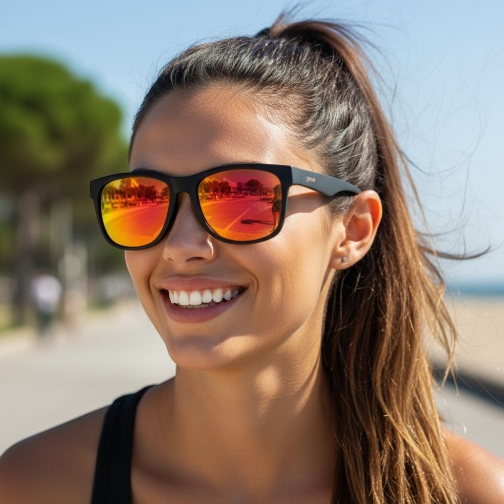 Óculos de Sol Goodr Beelzebub's Bourbon Burpees pretos com lentes espelhadas amarelas e proteção UV400.