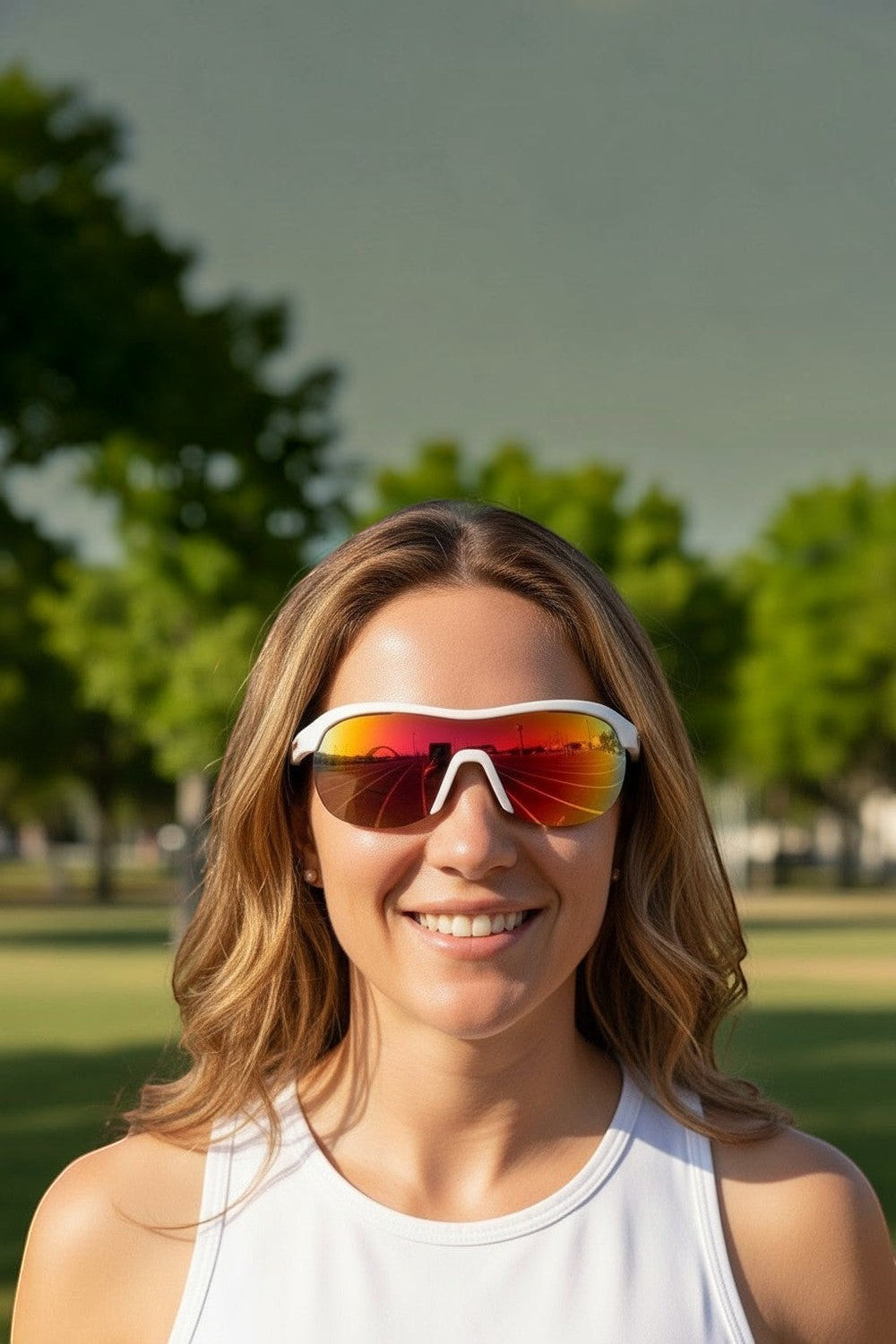 Mulher usando óculos de sol esportivos Goodr brancos com lentes vermelhas espelhadas em um parque, vendidos pela SPORTBR.