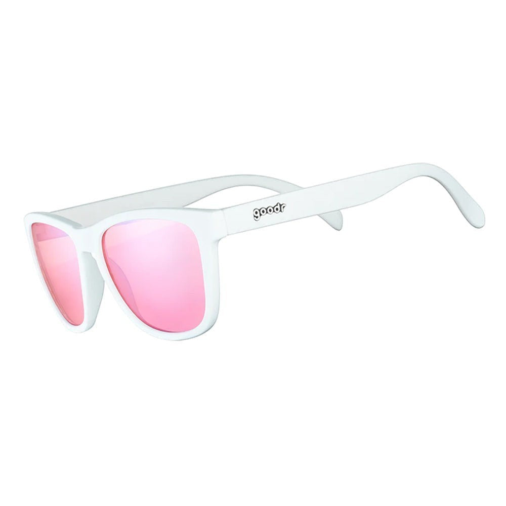 Óculos de sol Goodr brancos com lentes rosa espelhadas, ideais para corrida e proteção UV.
