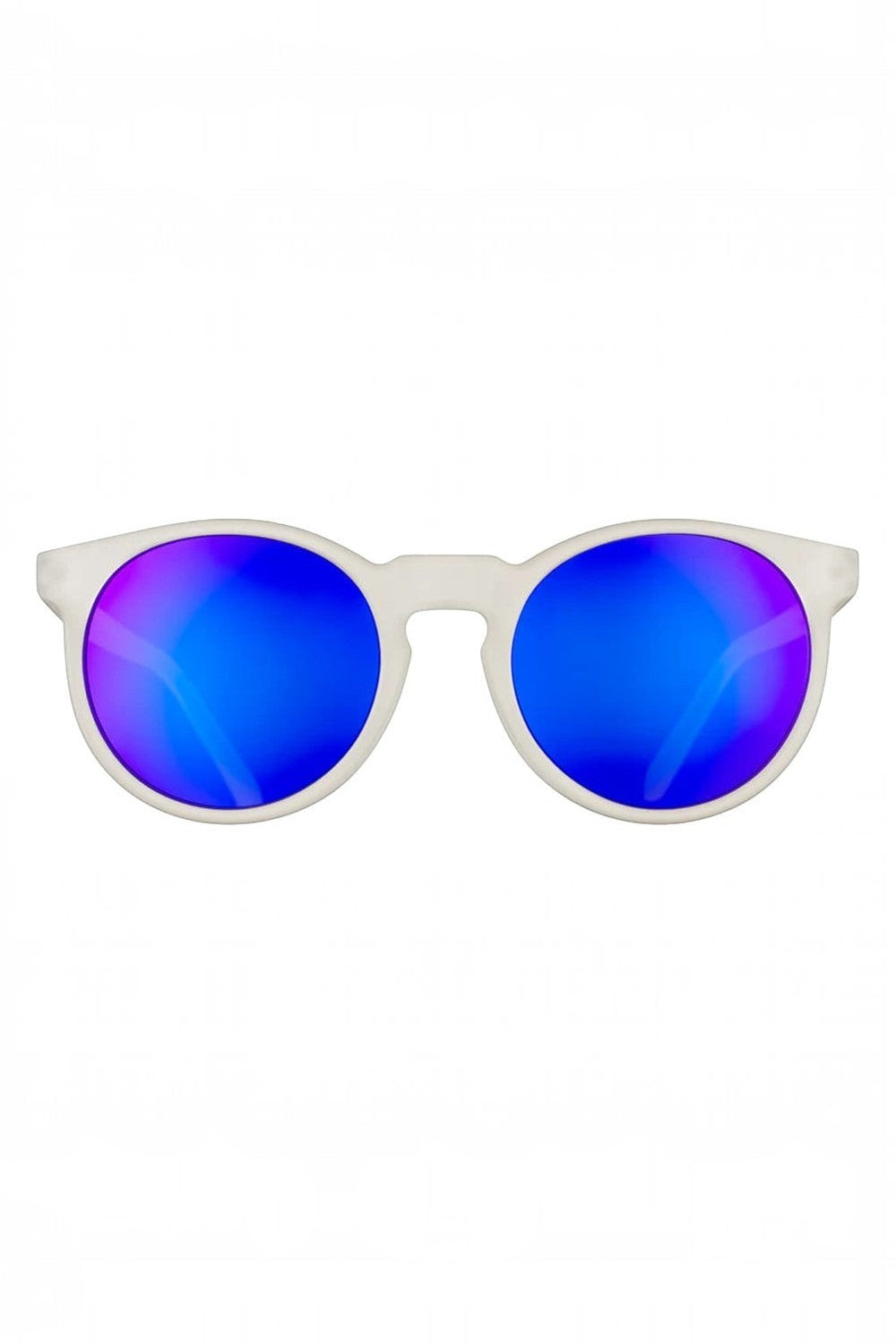 Óculos de sol SPORTBR Goodr Circle G com armação branca e lentes espelhadas roxas polarizadas para corrida.