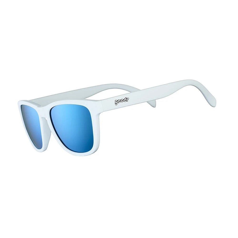 Óculos de sol Goodr Iced By Yetis brancos com lentes azuis espelhadas polarizadas, ideais para corrida.