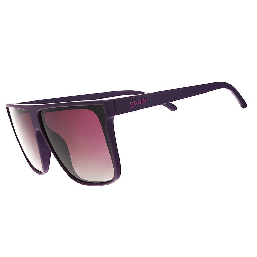 Óculos de sol Goodr Keeping a High Profile rosa com lentes roxas polarizadas e proteção UVA UVB.