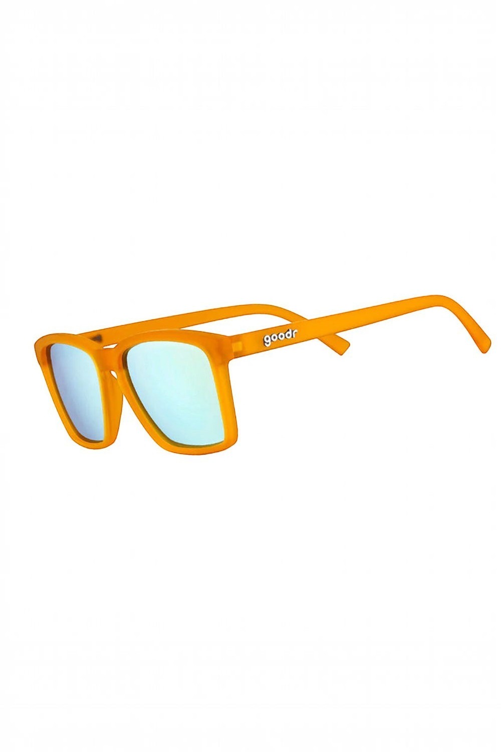 Óculos de sol SPORTBR Goodr Never The Big Spoon com armação laranja e lentes espelhadas azuis polarizadas para corrida.