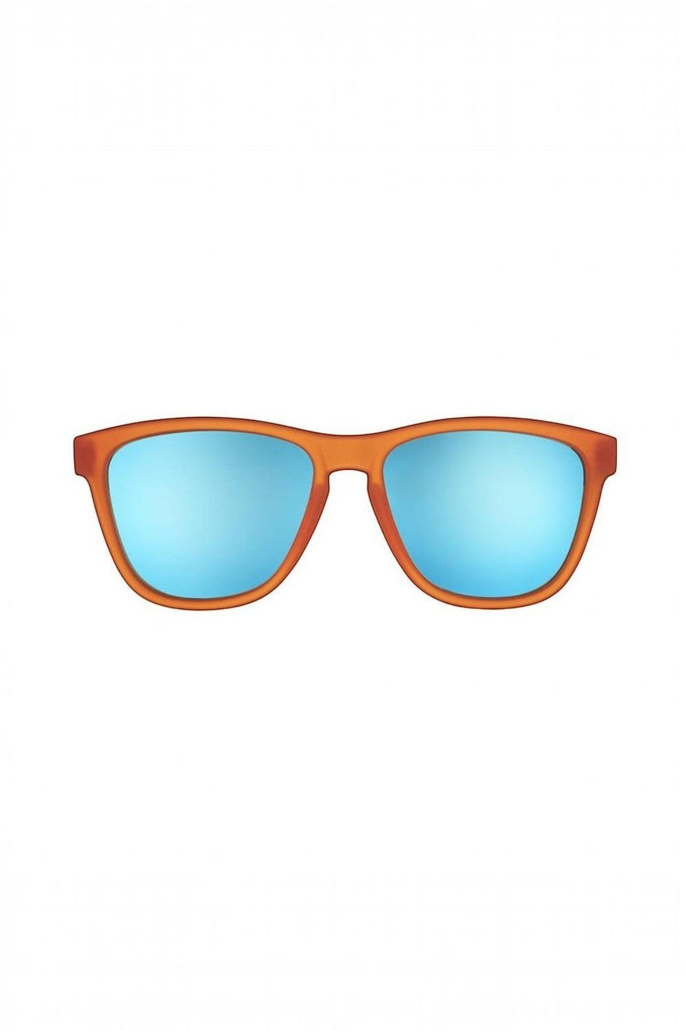 Óculos de sol SPORTBR Goodr Donkey Goggles com armação laranja e lentes espelhadas azuis polarizadas para corrida.