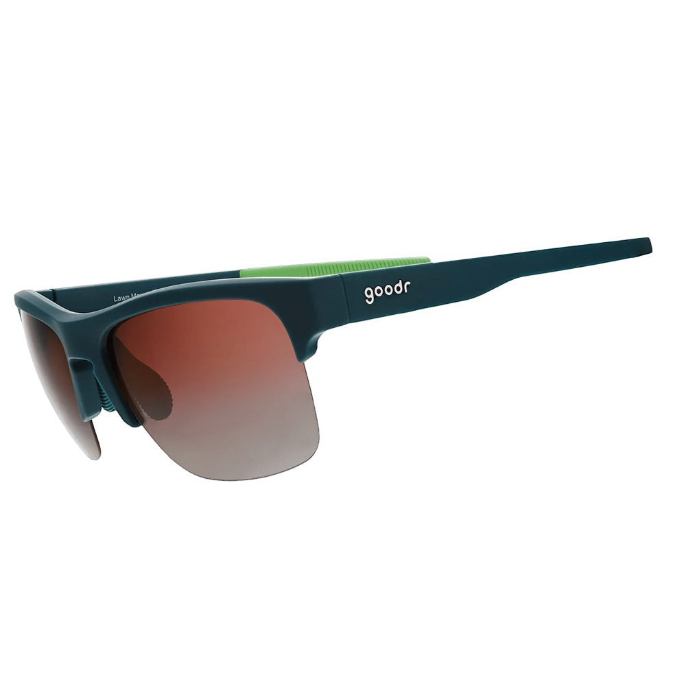 Óculos de sol SPORTBR Goodr Lawn Mower Drag Race verde com lentes rosa polarizadas para corrida.