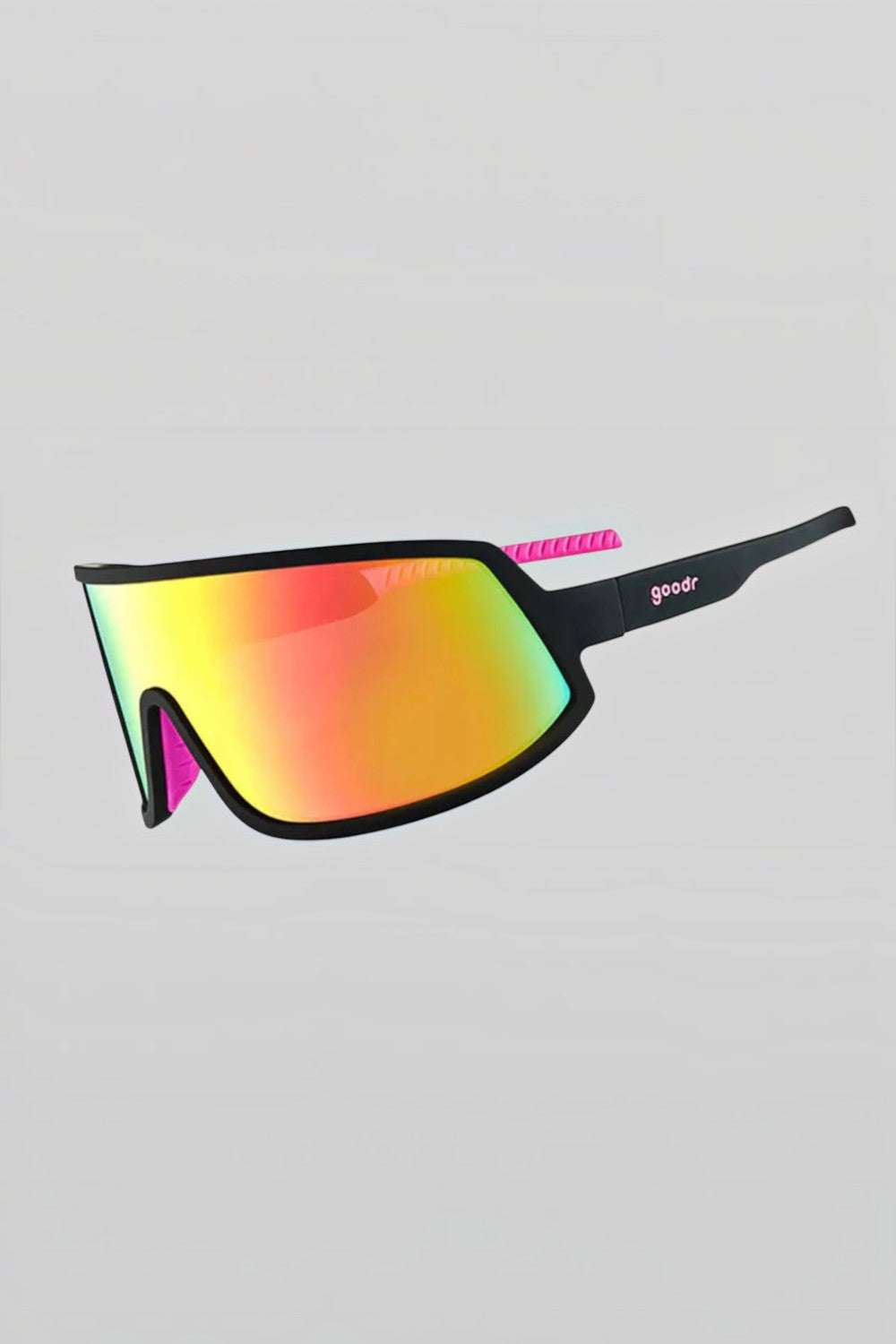 Óculos de sol esportivo SPORTBR Goodr I Do My Own Stunts com armação preta e lentes espelhadas rosa polarizadas.