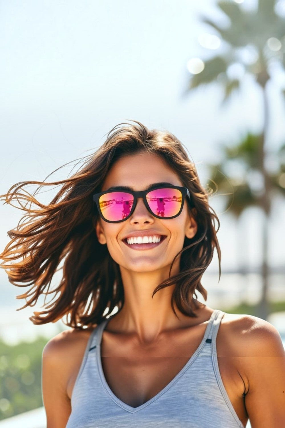 Mulher sorridente usando óculos de sol SPORTBR Goodr Professional Respawner com armação preta e lentes espelhadas rosa