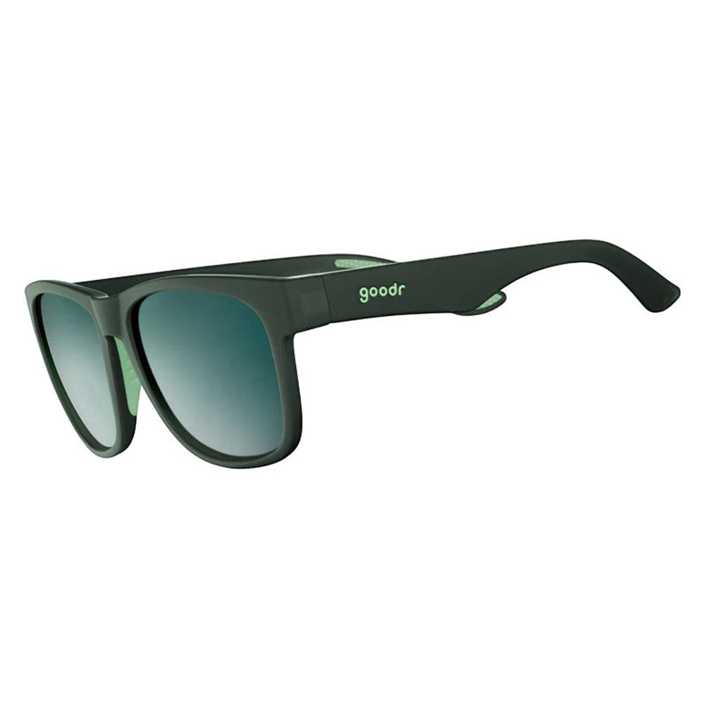 Óculos de sol Goodr Mint Julep Electroshocks pretos com lentes verdes espelhadas polarizadas, ideais para corrida.