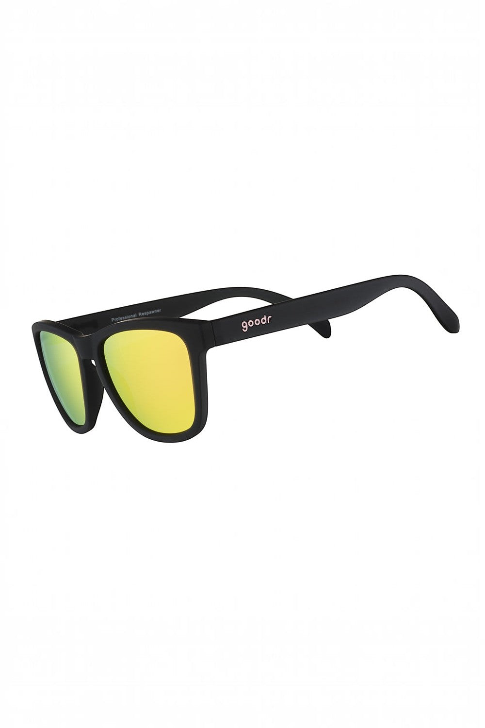Óculos de sol SPORTBR Goodr Professional Respawner com armação preta fosca e lentes espelhadas rosas para corrida.