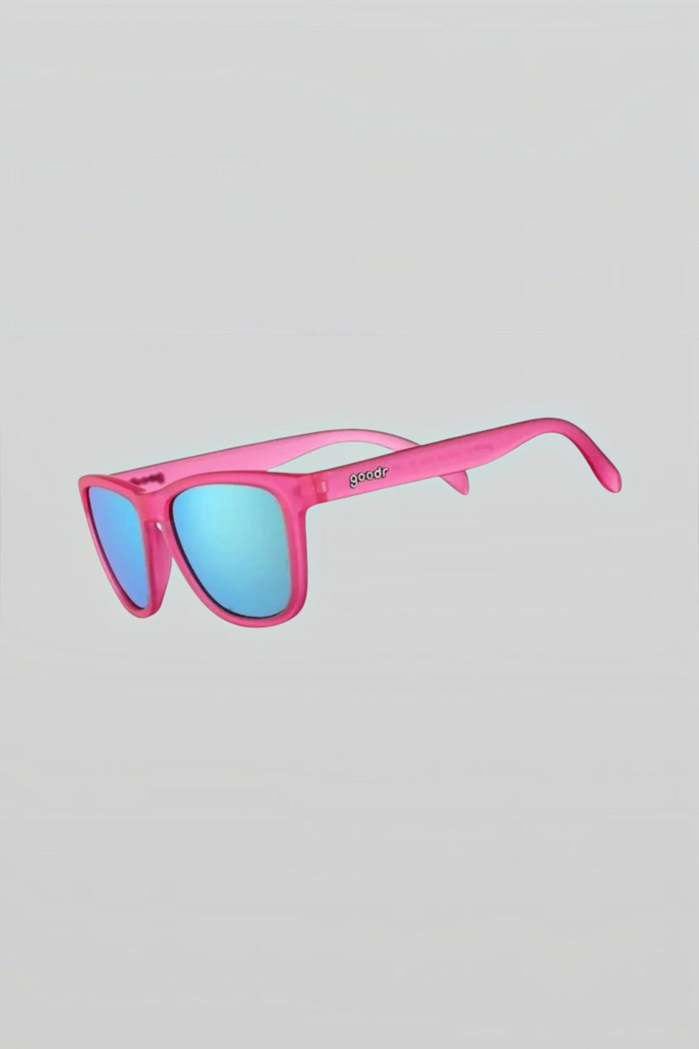 Óculos de sol SPORTBR Goodr modelo OG com armação rosa e lentes espelhadas azuis polarizadas para corrida.