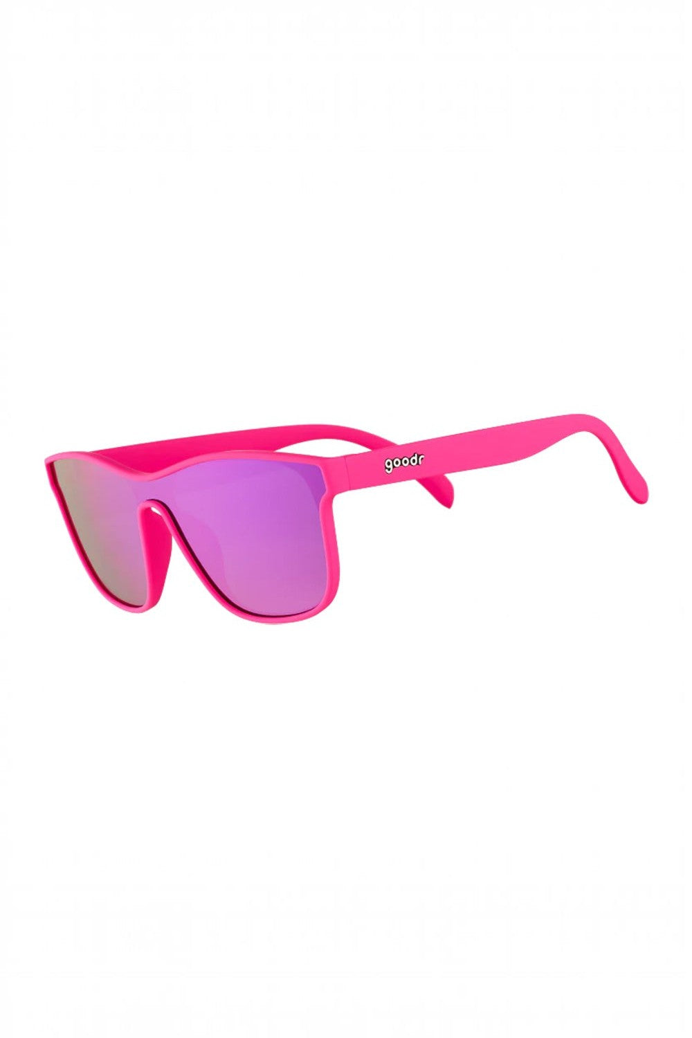 Óculos de sol SPORTBR Goodr VRG rosa com lentes espelhadas roxas, ideal para corrida com design antiderrapante.